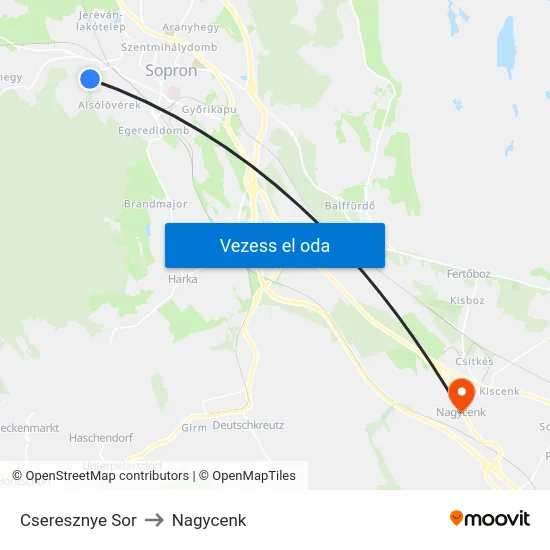 Cseresznye Sor to Nagycenk map
