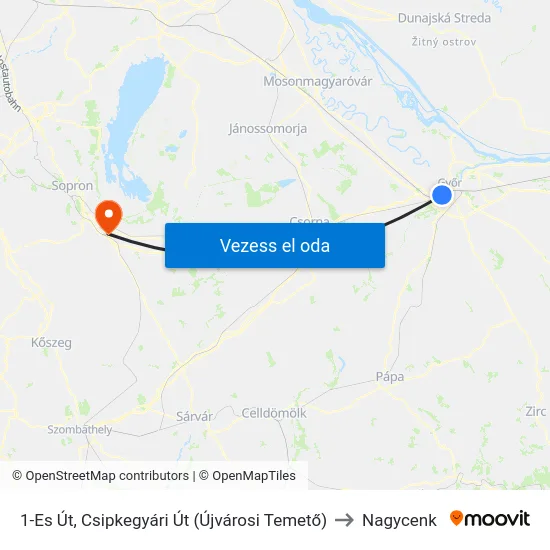 1-Es Út, Csipkegyári Út (Újvárosi Temető) to Nagycenk map