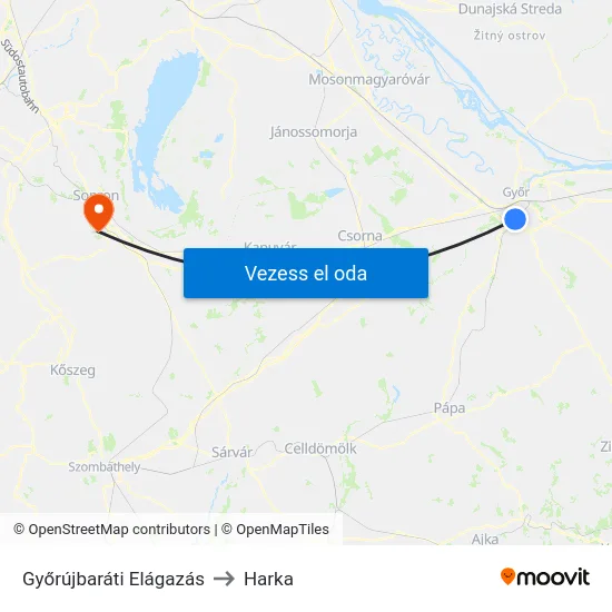 Győrújbaráti Elágazás to Harka map