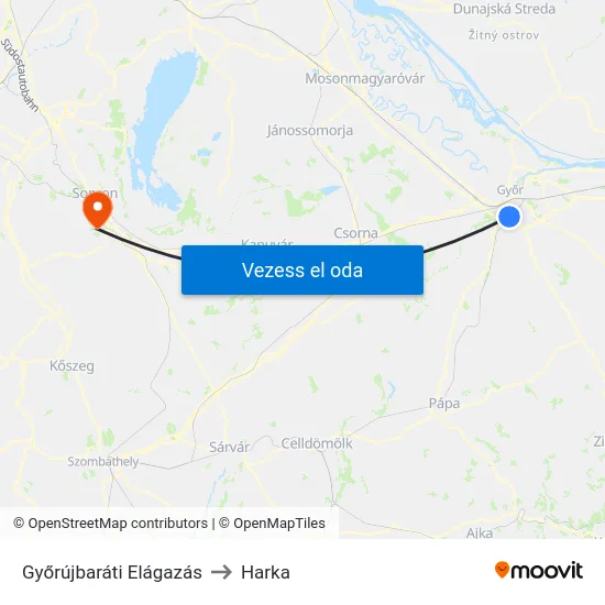 Győrújbaráti Elágazás to Harka map