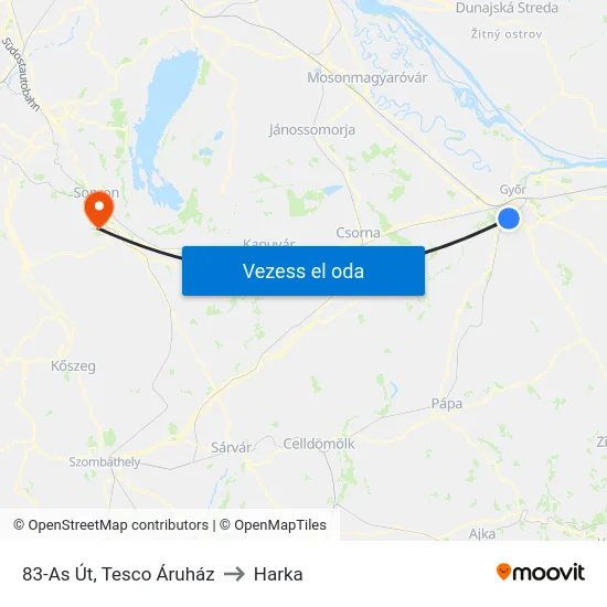 83-As Út, Tesco Áruház to Harka map