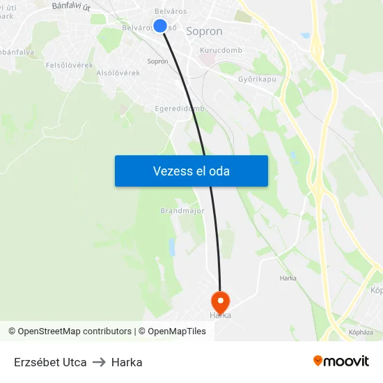 Erzsébet Utca to Harka map
