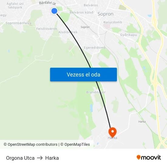 Orgona Utca to Harka map