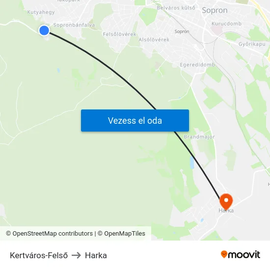 Kertváros-Felső to Harka map