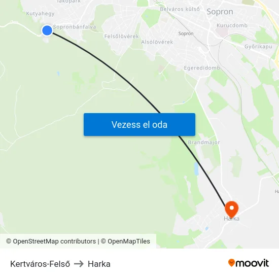 Kertváros-Felső to Harka map