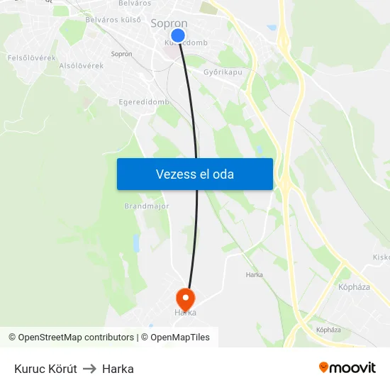 Kuruc Körút to Harka map