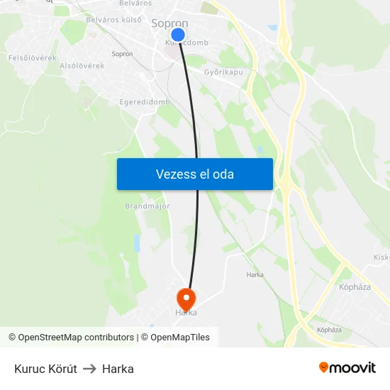Kuruc Körút to Harka map
