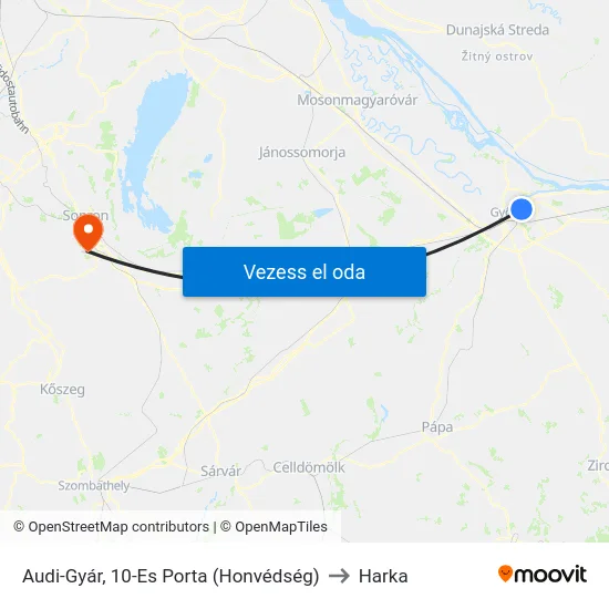 Audi-Gyár, 10-Es Porta (Honvédség) to Harka map