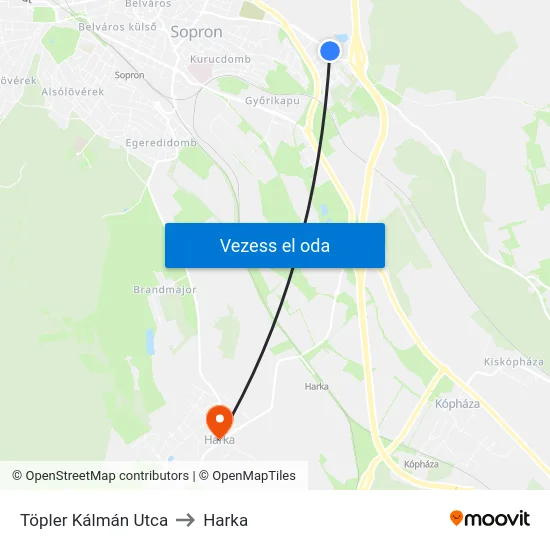 Töpler Kálmán Utca to Harka map