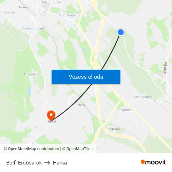 Balfi Erdősarok to Harka map