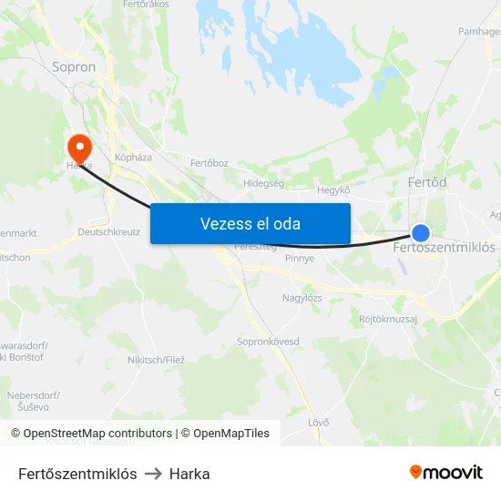 Fertőszentmiklós to Harka map