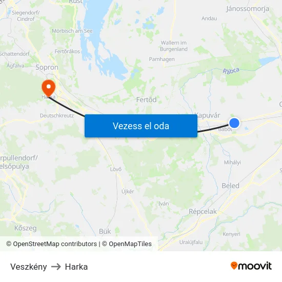 Veszkény to Harka map
