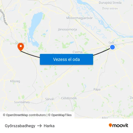 Győrszabadhegy to Harka map