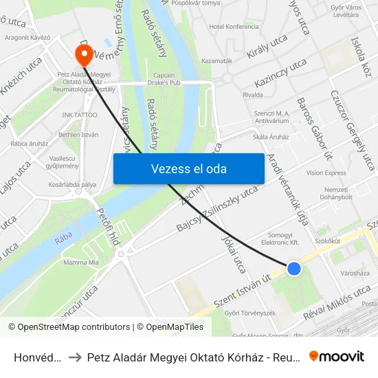 Honvéd Liget to Petz Aladár Megyei Oktató Kórház - Reumatológiai Osztály map
