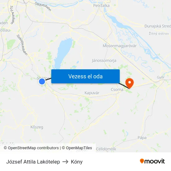 József Attila Lakótelep to Kóny map