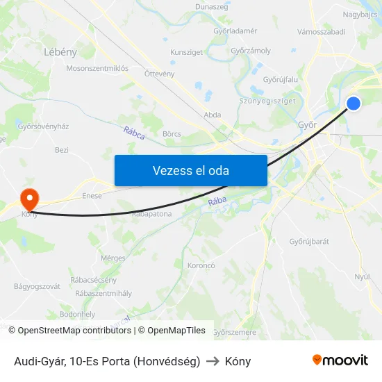 Audi-Gyár, 10-Es Porta (Honvédség) to Kóny map