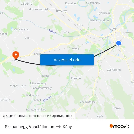 Szabadhegy, Vasútállomás to Kóny map