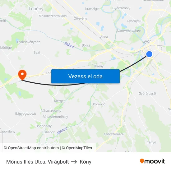 Mónus Illés Utca, Virágbolt to Kóny map