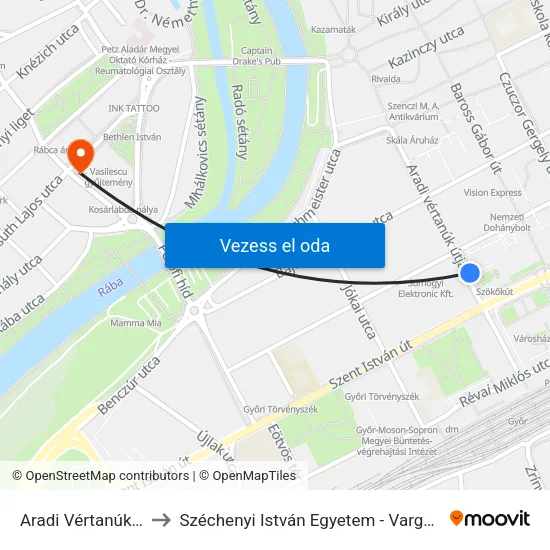 Aradi Vértanúk Útja, Szökőkút to Széchenyi István Egyetem - Varga Tibor Zeneművészeti Intézet map