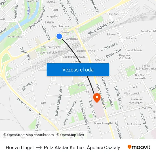 Honvéd Liget to Petz Aladár Kórház, Ápolási Osztály map