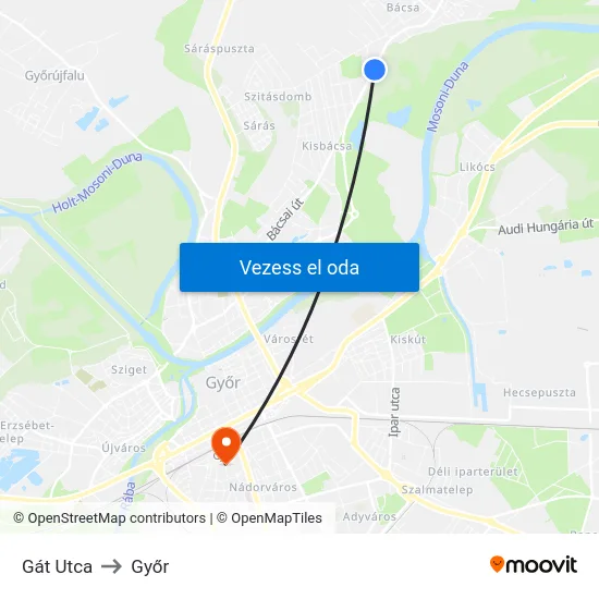Gát Utca to Győr map