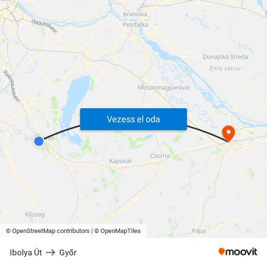 Ibolya Út to Győr map