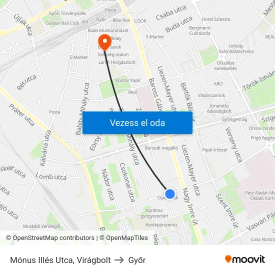 Mónus Illés Utca, Virágbolt to Győr map