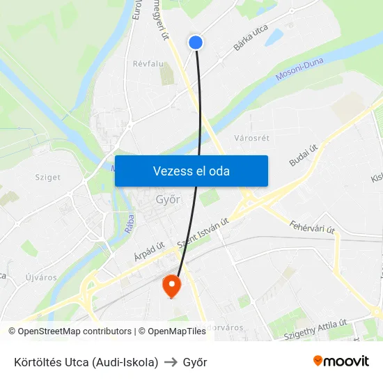 Körtöltés Utca (Audi-Iskola) to Győr map