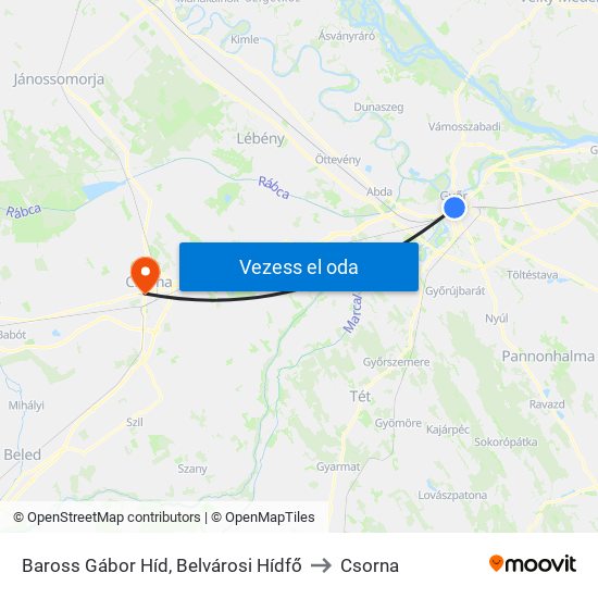 Baross Gábor Híd, Belvárosi Hídfő to Csorna map