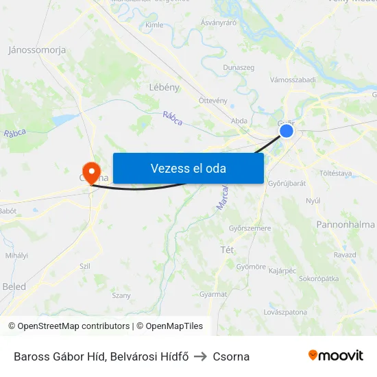 Baross Gábor Híd, Belvárosi Hídfő to Csorna map