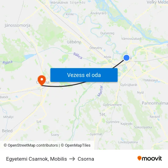 Egyetemi Csarnok, Mobilis to Csorna map