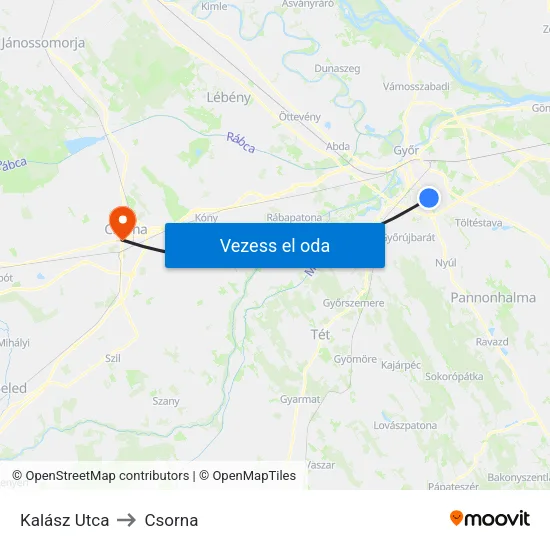 Kalász Utca to Csorna map