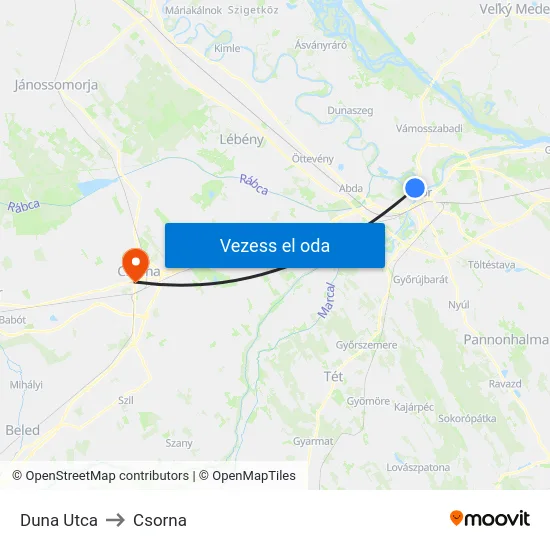 Duna Utca to Csorna map