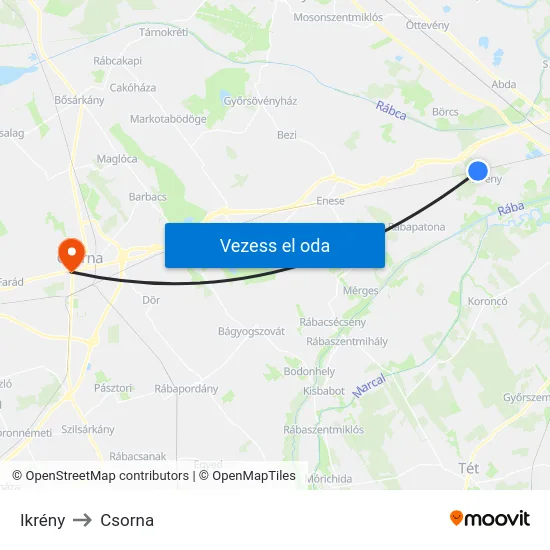 Ikrény to Csorna map