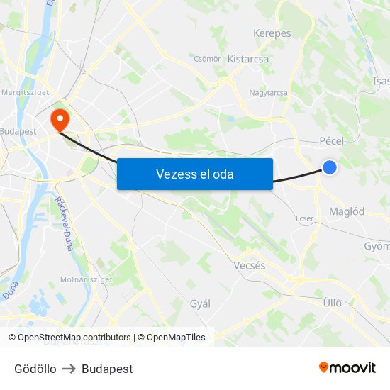 Gödöllo to Budapest map