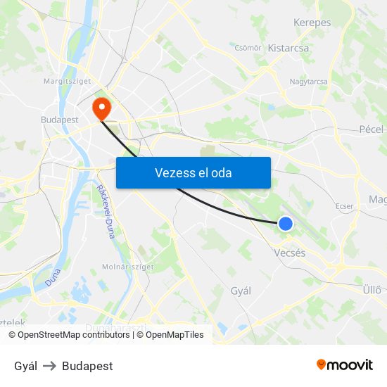 Gyál to Budapest map
