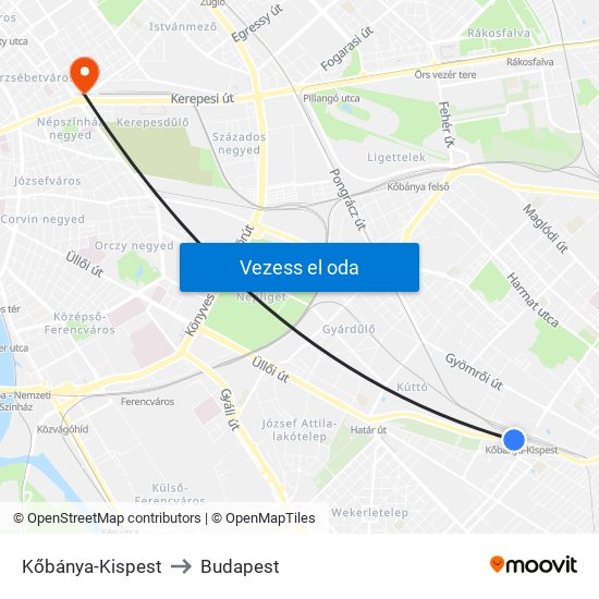 Kőbánya-Kispest to Budapest map