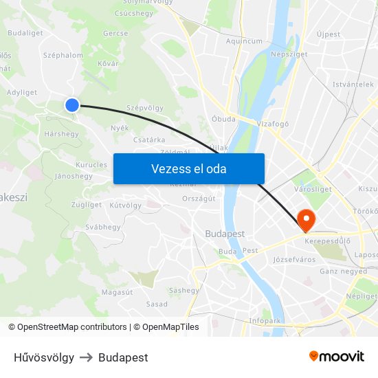 Hűvösvölgy to Budapest map