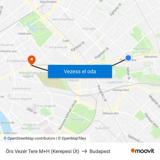 Örs Vezér Tere M+H (Kerepesi Út) to Budapest map