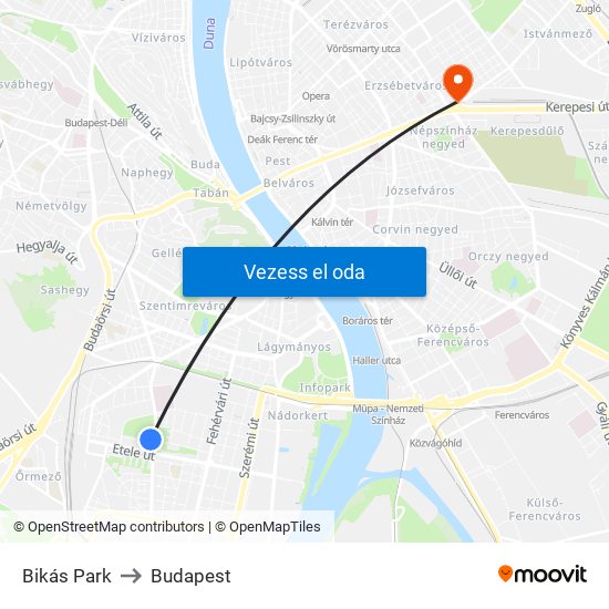 Bikás Park to Budapest map