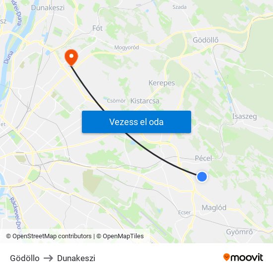 Gödöllo to Dunakeszi map