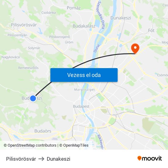 Pilisvörösvár to Dunakeszi map