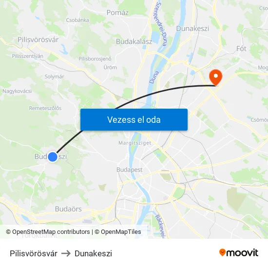 Pilisvörösvár to Dunakeszi map