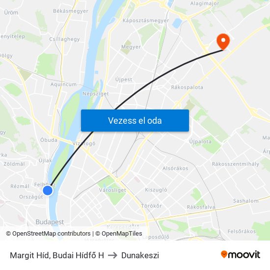 Margit Híd, Budai Hídfő H to Dunakeszi map