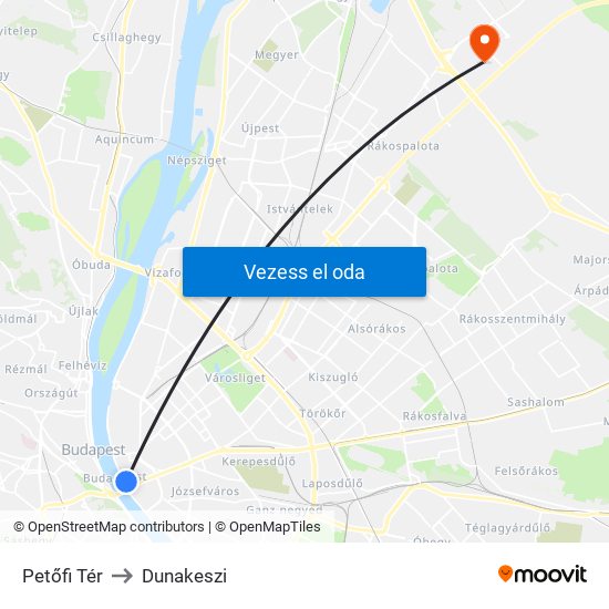 Petőfi Tér to Dunakeszi map