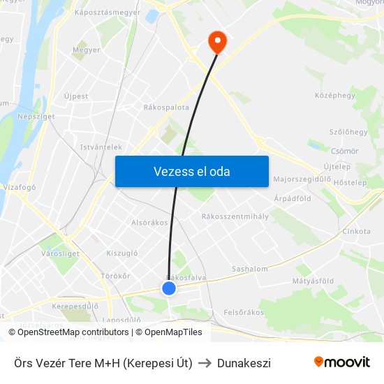 Örs Vezér Tere M+H (Kerepesi Út) to Dunakeszi map