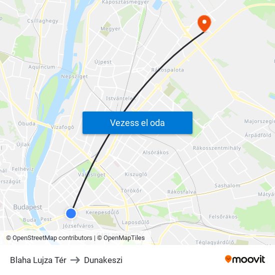 Blaha Lujza Tér to Dunakeszi map