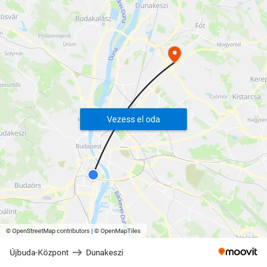 Újbuda-Központ to Dunakeszi map