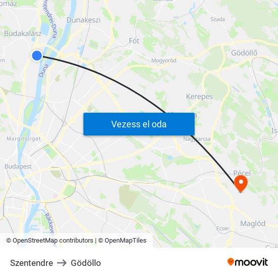 Szentendre to Gödöllo map