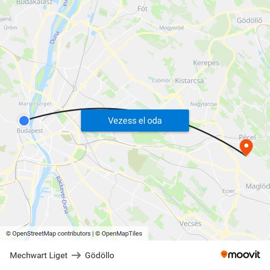 Mechwart Liget to Gödöllo map